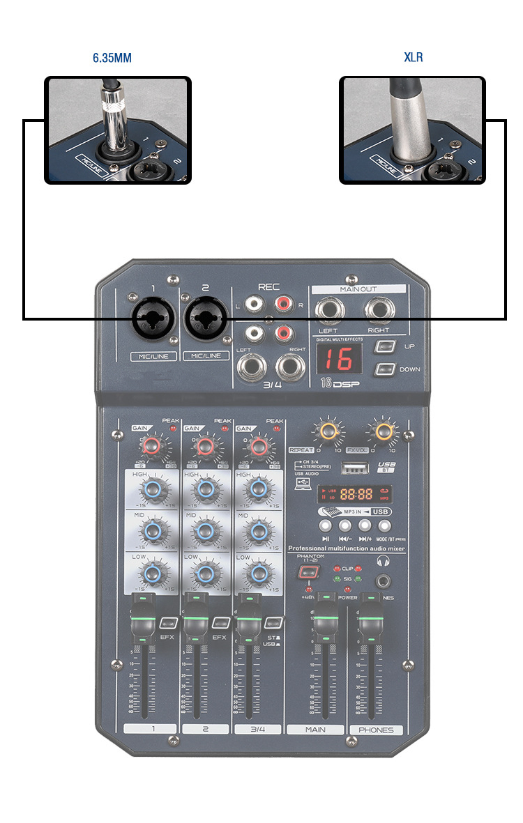 Simple Professional audio mixer console 6 channel for stage performance or wedding with USB/MP3